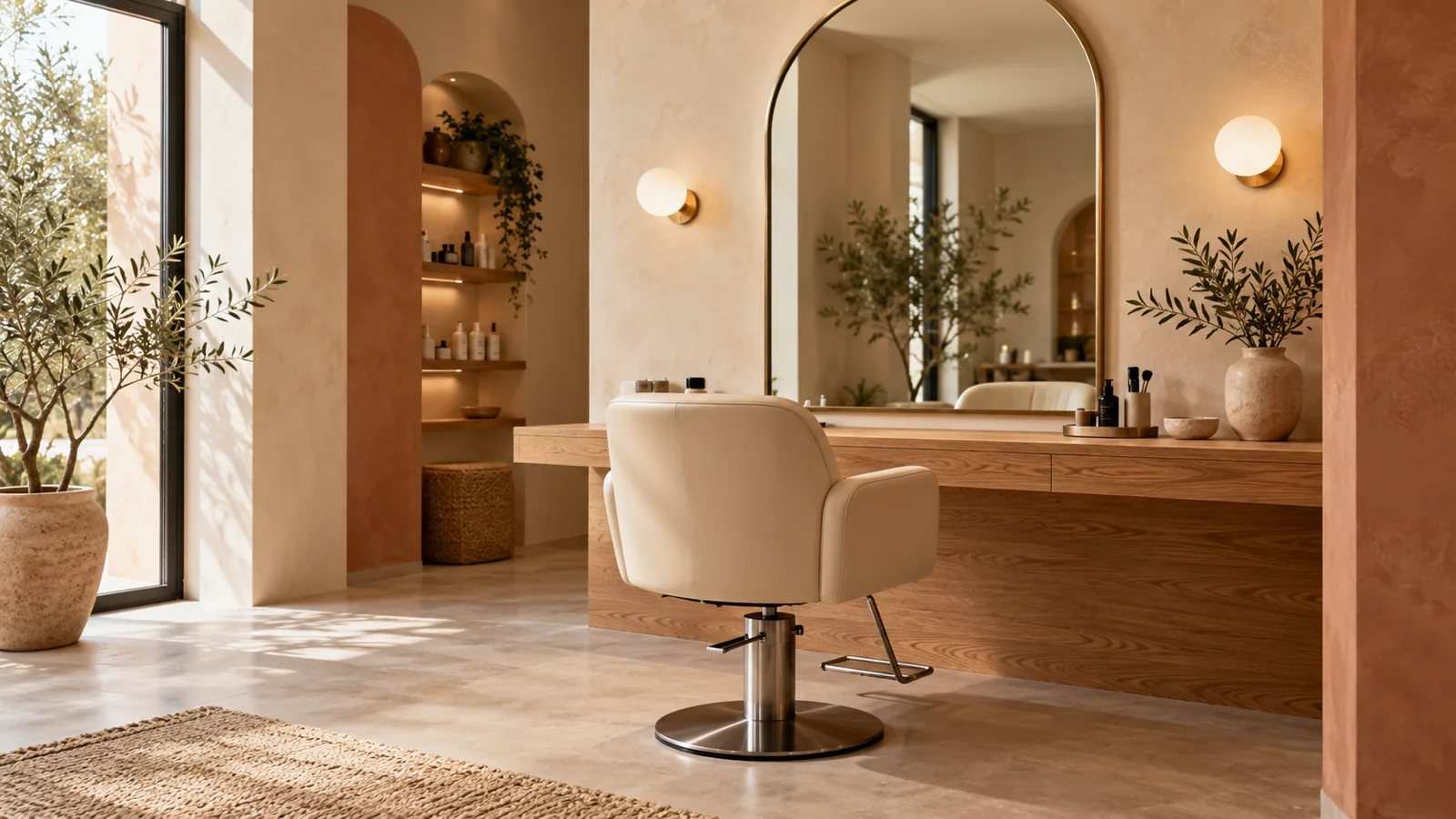 Elegantan salon sa svijetlom stolicom, velikim ogledalom i toplim drvenim detaljima